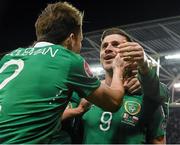 29 March 2015; Shane Long, Republic of Ireland, is congratulated by team-mate Seamus Colman, after scoring his side's equalising goal. UEFA EURO 2016 Championship Qualifier, Group D, Republic of Ireland v Poland. Aviva Stadium, Lansdowne Road, Dublin. Picture credit: David Maher / SPORTSFILE