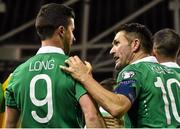 29 March 2015; Shane Long, Republic of Ireland, is congratulated by team-mate and captain Robbie Keane after scoring his side's equalising goal. UEFA EURO 2016 Championship Qualifier, Group D, Republic of Ireland v Poland. Aviva Stadium, Lansdowne Road, Dublin. Picture credit: David Maher / SPORTSFILE