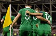 29 March 2015; Shane Long, Republic of Ireland, is congratulated by team-mate and captain Robbie Keane after scoring his side's equalising goal. UEFA EURO 2016 Championship Qualifier, Group D, Republic of Ireland v Poland. Aviva Stadium, Lansdowne Road, Dublin. Picture credit: David Maher / SPORTSFILE