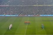 29 March 2015; The Republic of Ireland and Poland players and match officials hold a minute's applause in memory of the late Charlie Cahill, Tim Fitzgerald, John Coughlan, Tony Fenton and Carl O'Malley. UEFA EURO 2016 Championship Qualifier, Group D, Republic of Ireland v Poland. Aviva Stadium, Lansdowne Road, Dublin. Picture credit: Brendan Moran / SPORTSFILE