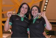 30 March 2015; Ireland's bronze medallists Eve McCrystal, Dundalk, Co. Louth, and Katie-George Dunlevy, Maidenhead, Great Britain, pictured on the teams arrival home after the 2015 UCI Para-cycling Track World Championships in The Netherlands. Dublin Airport, Dublin. Picture credit: Pat Murphy / SPORTSFILE