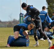 31 March 2015; Leinster's Ian Madigan, left, and Darragh Fanning in action during squad training. St Gerard's School, Bray, Co. Wicklow. Picture credit: Brendan Moran / SPORTSFILE