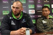 31 March 2015; Connacht's John Muldoon speaking while backs and kicking coach Andre Bell, right, looks on during a press conference. Sportsground, Galway. Picture credit: Pat Murphy / SPORTSFILE