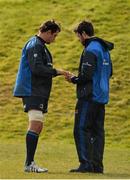 31 March 2015; Leinster's Mike McCarthy, left, is attended to by Karl Denvir, Senior Physiotherapist, during squad training. St Gerard's School, Bray, Co. Wicklow. Picture credit: Brendan Moran / SPORTSFILE