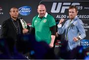31 March 2015; UFC featherweight Champion Jose Aldo, left, with UFC featherweight title challenger Conor McGregor and UFC President Dana White during a UFC fan event. The Convention Centre Dublin, Spencer Dock, North Wall Quay, Dublin. Picture credit: Ramsey Cardy / SPORTSFILE