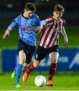 1 April 2015; Dylan Watts, UCD, in action against Chris Flanagan, Derry City. SSE Airtricity U19 League Enda McGuill Cup Final, UCD v Derry City. The UCD Bowl, UCD, Belfield, Dublin. Picture credit: Piaras Ó Mídheach / SPORTSFILE