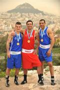13 April 2008; Ireland's John Joe Joyce, left, Kenneth Egan, centre, and Darren Sutherland pictured at the Acropolis, in Athens, after winning three gold medals at the Olympic Qualifying tournament. Acropolis, Athens, Greece. Picture credit: David Maher / SPORTSFILE