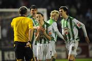 11 April 2008; Bray Wanderers players, from left, Kevin Doherty, Gary Cronin, 3, and Alan Cawley, 8, plead with referee Hugo Whoriskey after awarding a penalty to Bohemians. eircom League of Ireland Premier Division, Bohemians v Bray Wanderers, Dalymount Park, Dublin. Picture credit: Stephen McCarthy / SPORTSFILE