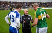 29 March 2015; Referee Marty Duffy speaks with Monaghan captain Conor McManus and Kerry captain Kieran Donaghy ahead of the game. Allianz Football League, Division 1, Round 6, Kerry v Monaghan. Austin Stack Park, Tralee, Co. Kerry. Picture credit: Stephen McCarthy / SPORTSFILE