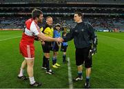 28 March 2015; Mark Lynch, Derry, left, and Stephen Cluxton, Dublin, shake hands before the game. Allianz Football League, Division 1, Round 6, Dublin v Derry. Croke Park, Dublin. Picture credit: Ray McManus / SPORTSFILE