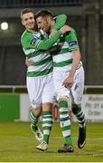 3 April 2015; Shamrock Rovers' Michael Drennan, left, celebrates after scoring his side's first goal with team-mate Gavin Brennan. SSE Airtricity League Premier Division, Shamrock Rovers v Galway United. Tallaght Stadium, Tallaght, Co. Dublin. Picture credit: David Maher / SPORTSFILE