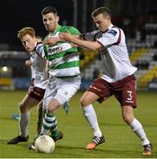 3 April 2015; Gavin Brennan, Shamrock Rovers, in action against Mark Ludden, right, and Gary Shanahan, Galway United. SSE Airtricity League Premier Division, Shamrock Rovers v Galway United. Tallaght Stadium, Tallaght, Co. Dublin. Picture credit: David Maher / SPORTSFILE