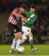 3 April 2015; Patrick McEleney, Derry City, in action against John Dunleavy, Cork City. SSE Airtricity League Premier Division, Cork City v Derry City. Turner's Cross, Cork. Picture credit: Diarmuid Greene / SPORTSFILE