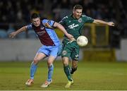 3 April 2015; Dean Kelly, Bohemians, in action against Mark Hughes, Drogheda United. SSE Airtricity League Premier Division, Drogheda United v Bohemians. United Park, Drogheda, Co. Louth. Photo by Sportsfile