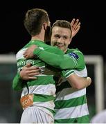 3 April 2015; Shamrock Rovers' Michael Drennan, right, celebrates after scoring his side's second goal with team-mate David O'Connor. SSE Airtricity League Premier Division, Shamrock Rovers v Galway United. Tallaght Stadium, Tallaght, Co. Dublin. Picture credit: David Maher / SPORTSFILE