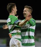 3 April 2015; Shamrock Rovers' Michael Drennan, right, celebrates after scoring his side's second goal with team-mate David O'Connor. SSE Airtricity League Premier Division, Shamrock Rovers v Galway United. Tallaght Stadium, Tallaght, Co. Dublin. Picture credit: David Maher / SPORTSFILE