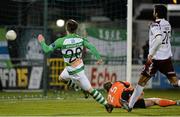 3 April 2015; Brandon Miele, Shamrock Rovers, beats Galway United goalkeeper Conor Winn and Kevin Garcia to to score his side's third goal. SSE Airtricity League Premier Division, Shamrock Rovers v Galway United. Tallaght Stadium, Tallaght, Co. Dublin. Picture credit: David Maher / SPORTSFILE