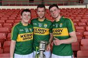 4 April 2015; Kerry players, from left to right, Philip Lucid, Colm Harty, and Shane Nolan celebrate with the cup after victory over Westmeath. Allianz Hurling League Division 2A Final, Westmeath v Kerry. Gaelic Grounds, Limerick. Picture credit: Diarmuid Greene / SPORTSFILE
