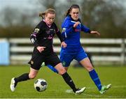 4 April 2015; Claire O'Riordan, Wexford Youths Women’s AFC, in action against Jessica Gargan, Peamount United. Continental Tyres Women's National League, Wexford Youths Women’s AFC v Peamount United. Ferrycarrig Park, Wexford. Picture credit: Matt Browne / SPORTSFILE