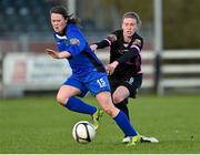 4 April 2015; Laura Traynor, Peamount United, in action against Claire O'Riordan, Wexford Youths Women’s AFC. Continental Tyres Women's National League, Wexford Youths Women’s AFC v Peamount United. Ferrycarrig Park, Wexford. Picture credit: Matt Browne / SPORTSFILE