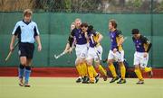 19 April 2008; John McInroy, 20, Pembroke Wanderers, is congratulated by team-mates, from left, Justin Sherriff, 23, Ronan Gormley, 6, and Alan Giles, 4, after scoring his side's first goal. Irish Senior Cup Final, Monkstown v Pembroke Wanderers, National Hockey Stadium, UCD, Belfield. Picture credit: Stephen McCarthy / SPORTSFILE *** Local Caption ***