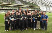 4 April 2015; De La Salle Palmerston Eagles with Leinster's Kane Douglas and Darragh Fanning ahead of the Bank of Ireland half-time mini games. European Rugby Champions Cup Quarter-Final, Leinster v Bath. Aviva Stadium, Lansdowne Road, Dublin. Picture credit: Stephen McCarthy / SPORTSFILE