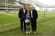 4 April 2015; Match day mascot Nathan Levy-Valensi, from Virginia, Co. Cavan, with Leinster's Kane Douglas and Darragh Fanning. European Rugby Champions Cup Quarter-Final, Leinster v Bath. Aviva Stadium, Lansdowne Road, Dublin. Picture credit: Stephen McCarthy / SPORTSFILE