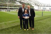 4 April 2015; Match day mascot Jill O'Brien, from Donnybrook, Dublin, with Leinster's Kane Douglas and Darragh Fanning. European Rugby Champions Cup Quarter-Final, Leinster v Bath. Aviva Stadium, Lansdowne Road, Dublin. Picture credit: Stephen McCarthy / SPORTSFILE