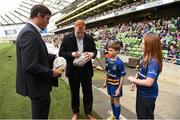4 April 2015; Match day mascots Jill O'Brien, from Donnybrook, Dublin and Nathan Levy-Valensi, from Virginia, Co. Cavan, with Leinster's Kane Douglas and Darragh Fanning. European Rugby Champions Cup Quarter-Final, Leinster v Bath. Aviva Stadium, Lansdowne Road, Dublin. Picture credit: Stephen McCarthy / SPORTSFILE
