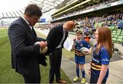 4 April 2015; Match day mascots Jill O'Brien, from Donnybrook, Dublin and Nathan Levy-Valensi, from Virginia, Co. Cavan, with Leinster's Kane Douglas and Darragh Fanning. European Rugby Champions Cup Quarter-Final, Leinster v Bath. Aviva Stadium, Lansdowne Road, Dublin. Picture credit: Stephen McCarthy / SPORTSFILE