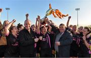 4 April 2015; Wexford Youths Women’s AFC captain Kylie Murphy lifts the cup as her team-mates celebrate after it was presented by Eamon Naughton from the FAI and Tom Dennigan from Continental Tyres. Continental Tyres Women's National League, Wexford Youths Women’s AFC v Peamount United. Ferrycarrig Park, Wexford.    Picture credit: Matt Browne / SPORTSFILE