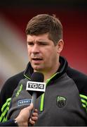 5 April 2015; Kerry manager Eamonn Fitzmaurice is interviewed by TG4 ahead of the game. Allianz Football League, Division 1, Round 7, Tyrone v Kerry. Healy Park, Omagh, Co. Tyrone. Picture credit: Stephen McCarthy / SPORTSFILE