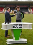 5 April 2015; Kerry manager Eamonn Fitzmaurice is interviewed by TG4's Michael O'Domhnaill ahead of the game. Allianz Football League, Division 1, Round 7, Tyrone v Kerry. Healy Park, Omagh, Co. Tyrone. Picture credit: Stephen McCarthy / SPORTSFILE