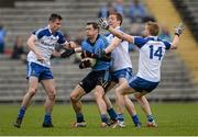 5 April 2015; Denis Bastick, Dublin, in action against Karl O'Connell, Kieran Duffy and Kieran Hughes, right, Monaghan, Allianz Football League, Division 1, Round 7, Monaghan v Dublin. St Tiernach’s Park, Clones, Co. Monaghan. Picture credit: Brendan Moran / SPORTSFILE