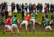 5 April 2015; Gearoid Hegarty, Limerick, in action against Bevan Duffy, Louth. Allianz Football League, Division 3, Round 7, Louth v Limerick. County Grounds, Drogheda, Co. Louth. Photo by Sportsfile