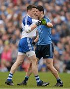 5 April 2015; Conor McManus, Monaghan, attempts to get the attention of the umpire while being marked by Rory O'Carroll, Dublin. Allianz Football League, Division 1, Round 7, Monaghan v Dublin. St Tiernach’s Park, Clones, Co. Monaghan. Picture credit: Brendan Moran / SPORTSFILE