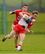 5 April 2015; Liam McGoldrick, Derry, in action against Mark Collins, Cork. Allianz Football League, Division 1, Round 7, Derry v Cork. Owenbeg, Derry. Picture credit: Oliver McVeigh / SPORTSFILE