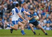 5 April 2015; Jack McCaffrey, Dublin, in action against Drew Wylie, left, and Paudie McKenna, Monaghan, Allianz Football League, Division 1, Round 7, Monaghan v Dublin. St Tiernach’s Park, Clones, Co. Monaghan. Picture credit: Brendan Moran / SPORTSFILE