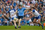 5 April 2015; Emmett O Conghaile, Dublin, in action against Dick Clerkin, left, and Drew Wylie, Monaghan, Allianz Football League, Division 1, Round 7, Monaghan v Dublin. St Tiernach’s Park, Clones, Co. Monaghan. Picture credit: Brendan Moran / SPORTSFILE