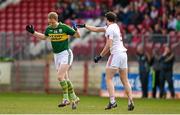 5 April 2015; Com Cooper, Kerry, is greeted by Ronan McNabb, Tyrone, upon his introduction as a second half substitute. Allianz Football League, Division 1, Round 7, Tyrone v Kerry. Healy Park, Omagh, Co. Tyrone. Picture credit: Stephen McCarthy / SPORTSFILE