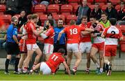 5 April 2015; Tempers got a bit heated between Derry and Cork players in the closing minutes. Allianz Football League, Division 1, Round 7, Derry v Cork. Owenbeg, Derry. Picture credit: Oliver McVeigh / SPORTSFILE