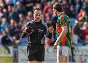 5 April 2015; Referee David Coldrick in conversation with  Mayo's Ketih Higgins after the game finished in a draw. Allianz Football League, Division 1, Round 7, Mayo v Donegal. Elverys MacHale Park, Castlebar, Co. Mayo Picture credit: David Maher / SPORTSFILE