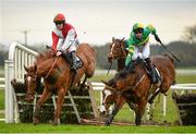 5 April 2015; Jockey Joseph O'Brien falls from his mount Marchese Marconi, right, while second placed Lilshane, with Jonathan Moore up, left, clears the last and eventual winner Sir Scorpion, with Tony McCoy up, hidden, preparesto clear the last during the Gleesons Butchers Novice Handicap Hurdle. Fairyhouse Easter Festival, Fairyhouse, Co. Meath. Picture credit: Pat Murphy / SPORTSFILE