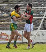5 April 2015; Ryan McHugh, Donegal, celebrates in front of  Mayo's Lee Keegan, at the end of the game after his team-mate Stephen Griffen, had scored a point resulting in Donegal reaching the Allianz Football League, Division 1 semi final. Allianz Football League, Division 1, Round 7, Mayo v Donegal. Elverys MacHale Park, Castlebar, Co. Mayo. Picture credit: David Maher / SPORTSFILE