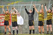 22 April 2008; John the Baptist players, from left to right, Juliie Ann Maher, Anne Hogan, Therese Barry, Hazel Fogarty and Emma Kelly, stand together to block a free. Pat the Baker Post Primary School Senior C Final, Moyne v John the Baptist, Limerick,Tuam Stadium, Tuam, Co. Galway. Picture credit: David Maher / SPORTSFILE