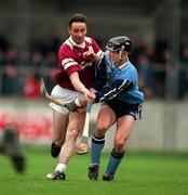 8 March 1998; Liam Burke of Galway in action against David Sweeney of Dublin during the Church & General National Hurling League match between Dublin and Galway at Parnell Park in Dublin. Photo by Brendan Moran/Sportsfile