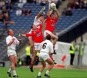 11 June 2000; Aidan O'Neill and Martin Farrelly of Louth contest possession with Kildare players, from left, Willie McCreery, Martin Lynch and Glenn Ryan during the Bank of Ireland Leinster Senior Football Championship Quarter-Final match between Kildare and Louth at Croke Park in Dublin. Photo by Brendan Moran/Sportsfile