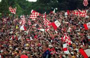 2 July 2000; Derry supporters wave their flags during the Bank of Ireland Ulster Senior Football Championship Semi-Final Replay between Antrim and Derry at Casement Park in Belfast, Antrim. Photo by Aoife Rice/Sportsfile