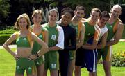 28 June 2000; Team Ireland members, from left, 20km race walker Olive Loughnane, athlete Catherina McKiernan, badminton player Sonia McGinn, swimmer Chantal Gibney, athlete Garth Turnbull, cyclist David McCann, boxer Michael Roche and javelin thrower Terry McHugh at the official launch at the Raddisson Hotel, Dublin, of the new adidas Irish Olympic team kit for the Sydney 2000 Summer Olympic Games. Photo by David Maher/Sportsfile