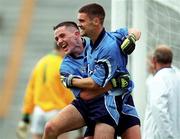 2 July 2000; Sean Breheny of Dublin celebrates with team-mate Declan Lally, left, after scoring a goal during the Leinster Minor Football Championship Semi-Final match between Dublin and Meath at Croke Park in Dublin. Photo by Ray McManus/Sportsfile